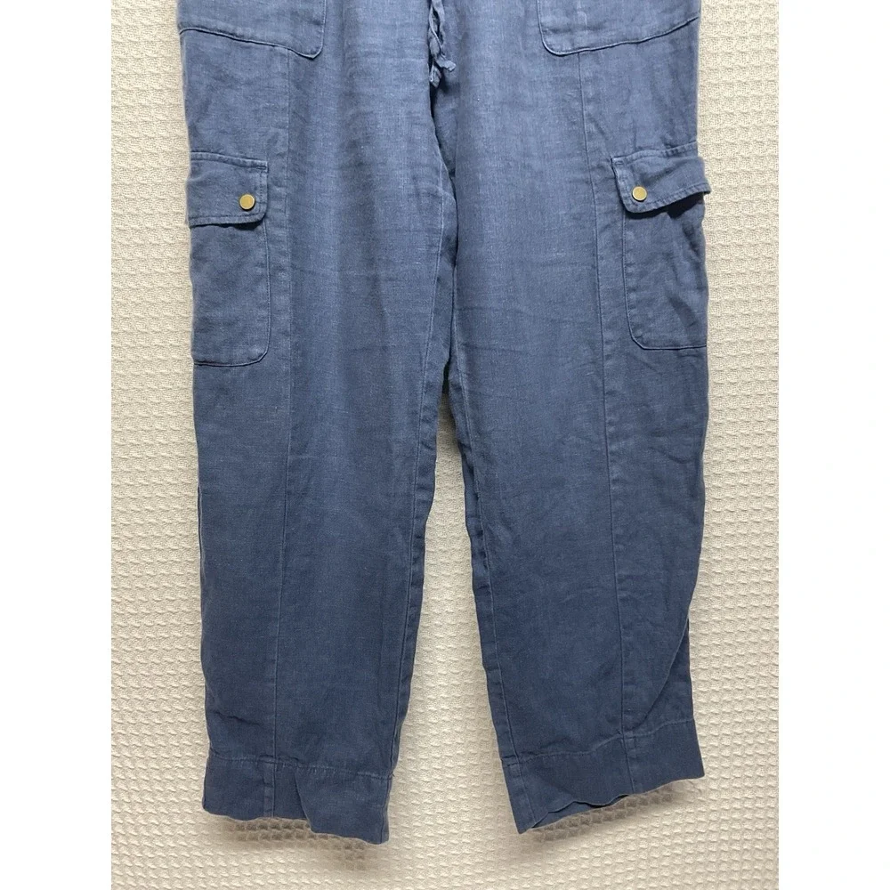 C&C California Cargo Pants Womens Large Blue‎ 100% Linen Pull On High